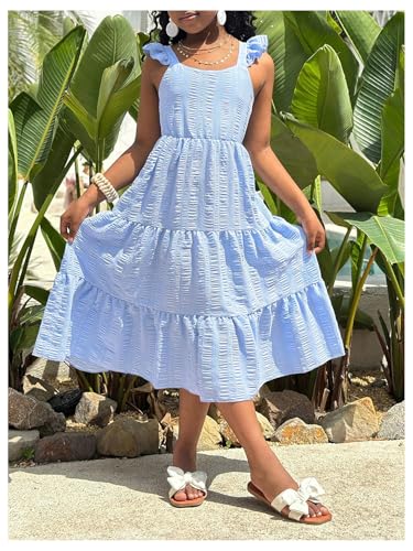 Girl's Ruffled Cami Dress Y2k Tiered Bow Back Cut Out High Waist A Line Flowy Midi Dresses2