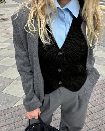 Image of Women's Sweater Vest Tops，Sleeveless V Neck Button Down Knit Vest