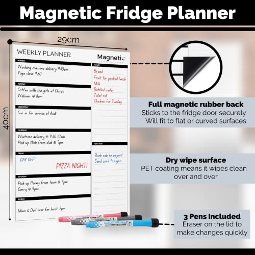 Magnetic Innovations A3 Magnetic Weekly Planner Fridge Whiteboard, Family Meal Planner and Shopping List - Memo Board for Appointments and Reminders