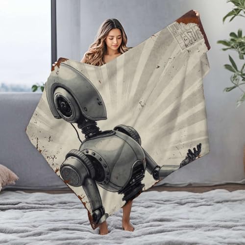 PKRD Couverture Queen Size Une illustration de style rétro d'un robot. Couverture en flanelle pour lit Queen Size Couvertures (125 x 150 cm)