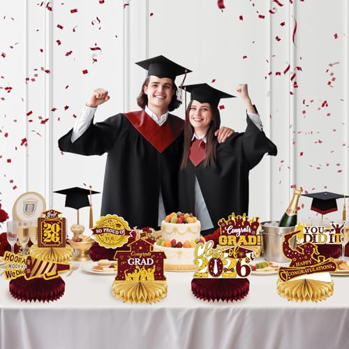 Image of 2026 Graduation Party Decorations - 8 Pcs Maroon Gold Class of 2026 Graduation Party Table Decor Honeycomb Centerpieces for Tables Congratulate for 2026 Congrats Grad Party Supplies