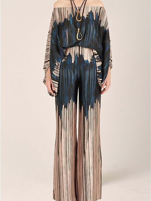 Womens Fall Loose 2 Piece Outfits Off Shoulder Printed Long Sleeve Casual Going Out Wide Leg Pants Set - Image 2