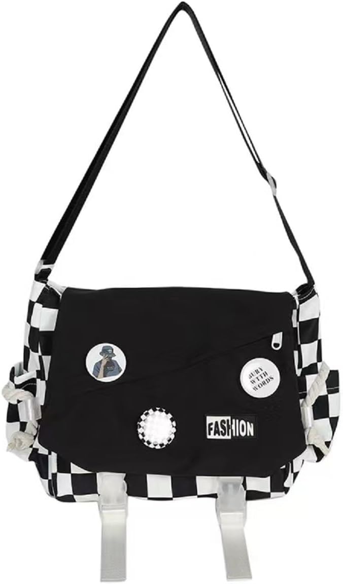 Cute Messenger Bag Casual Checkered Crossbody Bag for Women Men Aesthetic Bag with Pins Shoulder Bag Tote Purse