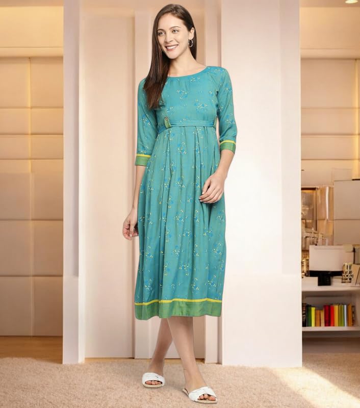 Image of DUMMY SHAPE Maternity Dresses for Women Cotton Rayon | Turquoise Printed Feeding Flare Kurta with Nursing Zippers to Breastfeeding | Pre & Post Pregnancy | Gift for Pregnant Woman (D-M-P049-XXXL)