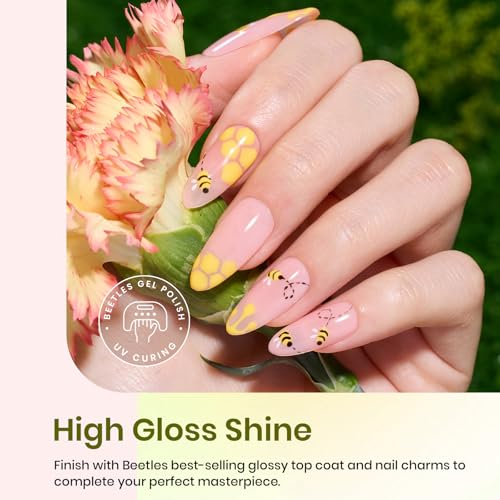 Image of Beetles Summer Gel Nail Polish Set, Yellow Coral Green Glitter Pastel Gel Polish with Bees Stickers 6 Color Buzzy Field Theme for Nail Art Gift for Women