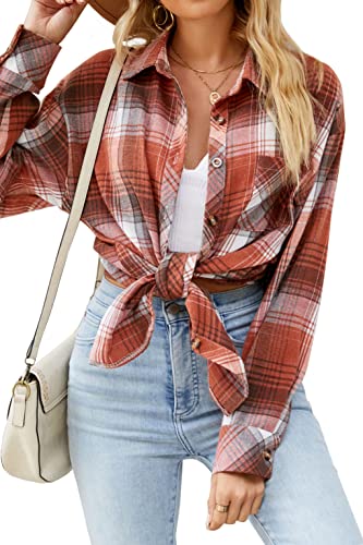 Image of CHYRII Womens Button Down Flannel Shirts Long Sleeve Plaid Shackets Business Casual Blouse Top