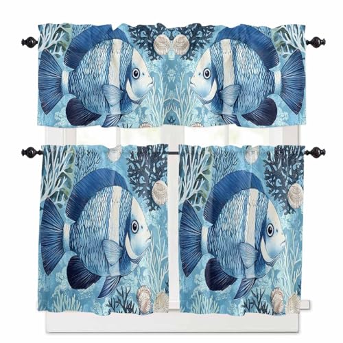 Summer Ocean Blue Kitchen Curtains 24 Inch Length, 3 Piece Rod Pocket Small Half Tiers and Valance Set, Coastal Watercolor Fish Coral Small Large Window Treatment Decor for Bedroom/Bathroom Sink