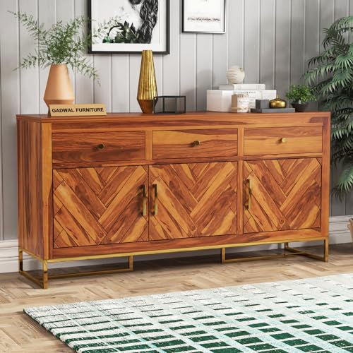 Image of Solid Sheesham Wood Wooden Sideboard & Chest of Drawer with 3 Drawers and 3-Door Storage (Jett, Honey Finish)