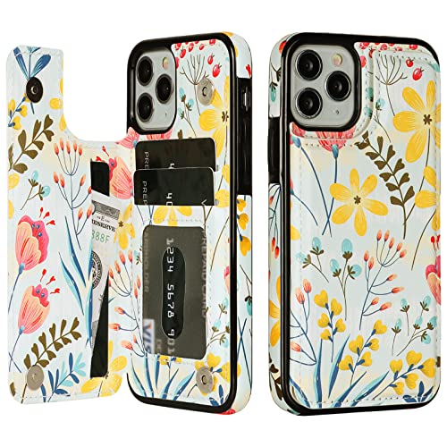 HAOPINSH for iPhone 11 Pro Wallet Case with Card Holder Floral Flower Pattern Back Flip Folio PU Leather Kickstand Card Slots Case for Women Girls Double Magnetic Clasp Shockproof Cover 5.8