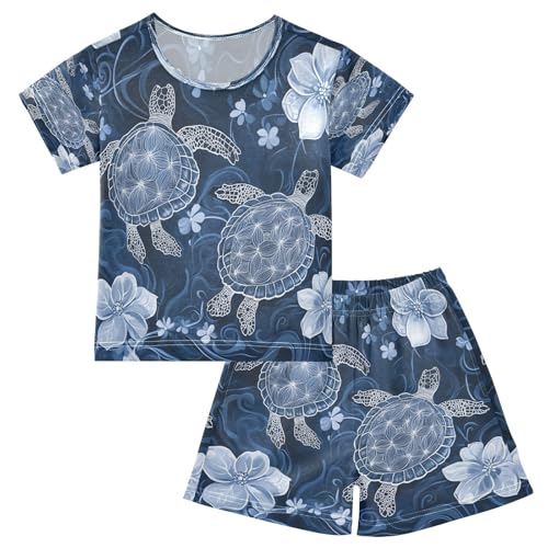 senya Short Sleeve Pajamas Sets Summer Cotton Sleepwear Turtle Blue Flower