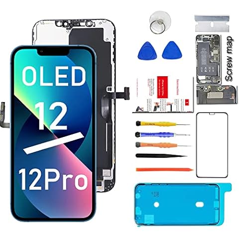 for iPhone 12/12 Pro OLED Screen Replacement 6.1 inch Display Digitizer Touch Screen Assembly with Full Repair Tools Kits, Support (Face ID&&3D Touch) Cover
