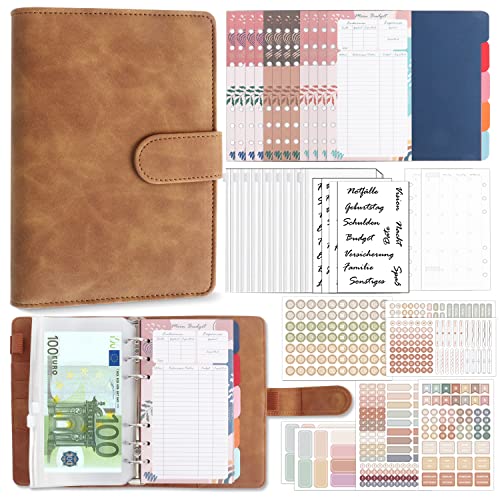 Biroyal Budget Planner Deutsch, A6 PU Leder Budget Binder, Finanzplaner Cash Stuffing, Geld Organizer Sparbuch mit Folien, Haushaltsbuch mit Geldfächer, Geld Sparen Mappe für Sinking Funds, Braun Cover