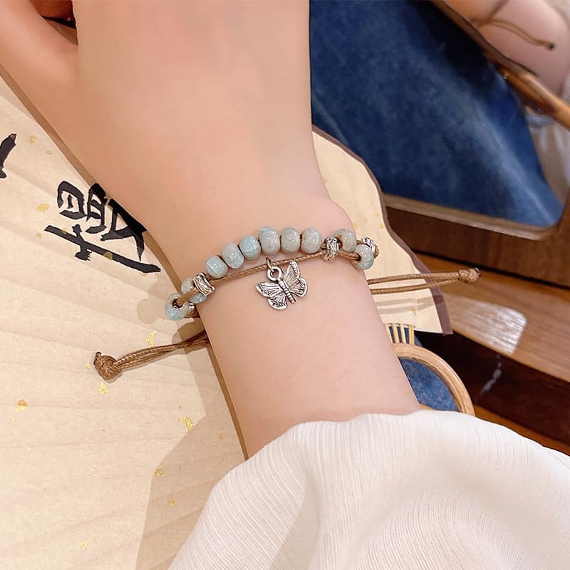 2Pcs Boho Bracelets for Women Vintage Ceramic Bead Bracelet with Butterfly Charm Braided Adjustable Rope Bracelet Light Blue & Light Green Beaded Stackable Bracelets Unique Gift for Friends - Image 5