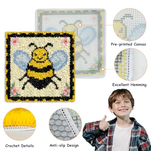 Image of Latch Hook Kits for Kids Adults 2025 New DIY Rug Tapestry Kits with Printed Canvas Embroidery Kits Festival Gifts Home Decoration (11.8inch X 11.8inch,Bee)