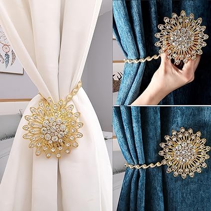 Image of PINKPARI (Label) Magnetic Creative Diamond Curtain Tiebacks, 2 Pcs. Spring Tie Back, Decorative for Home, Office, Hotel (Double Round Diamond, 399)