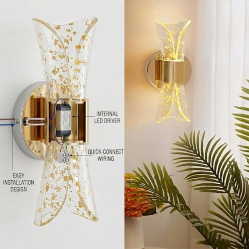 Image of fizzytech Modern Crystal LED Wall Light, Gold Finish Decorative Wall Lamp with 3 Colour Changing Modes for Living Room, Bedroom & Home Decor, Pack of 2