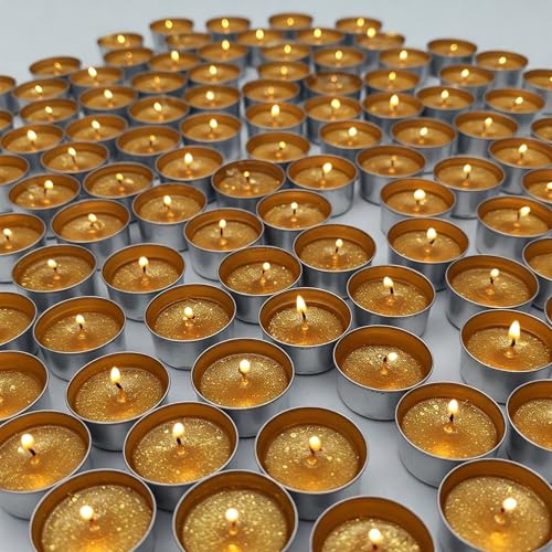 Image of Unscented Tea Light Candles | Soy Wax Blend Long-Lasting with Cotton Wick | Perfect for Home Decor, Parties, Weddings, and More | Set of 100 (Golden)