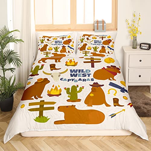 Capybaras Duvet Cover King Size,Funny Capybara Comforter Cover For Kids Boys Girls Teens,Cute Mexican Cactus Print Bedding Set Westurn Cowboy Style Bedspread Cover Wild West Themed Home Decor #TOP14