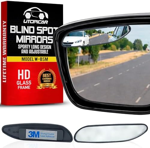 Utopicar Long Blind Spot Car Mirror Aesthetic Convex Mirrors 5.3โ x 1.3โ - Side Mirror Engineered Design - Up & Down Adjustable - Blind Spot Rear View Mirrors for Car (2-Pack)