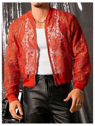 Image of WDIRARA Men's Floral Lace Bomber Jackets Long Sleeve See Through Outerwear
