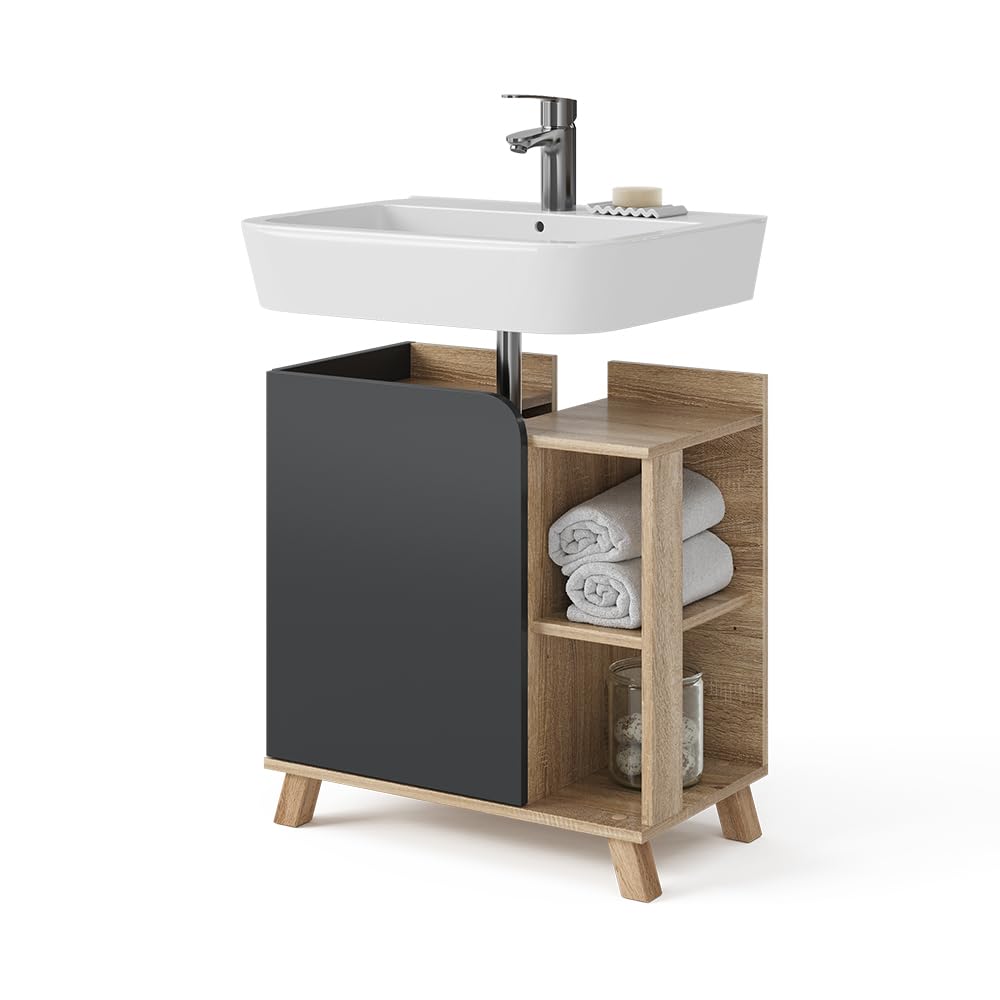 Vicco Mueble bajo Lavabo Karen, Sonoma/Antracita, 60 x 65 cm con Puerta y Compartimentos Abiertos, con Recorte para sifón para instalación Debajo del Lavabo