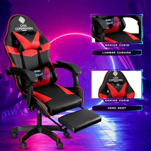 Image of Casa Copenhagen Designed in Denmark,High-Back Italian Leather Gaming Ergonomic Chair with Advanced Mechanism & Electric Back Massager, Memory Foam Seating & Multi Function Arm-Rest - Red & Black