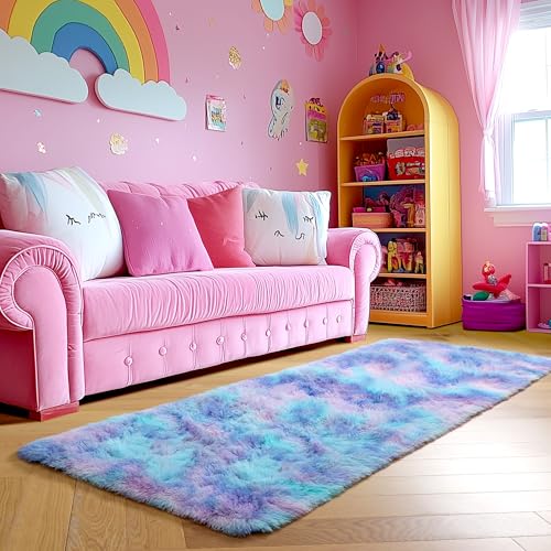 Amdrebio Purple Rainbow 2x6 Runner Area Rugs for Bedroom Girls Room Decor, Colorful Bedside Mermaid Stitch Frozen Kids Rugs for Playroom Nursery Dorm, Fluffy Furry Cute Kawaii Carpet for Baby Toddler