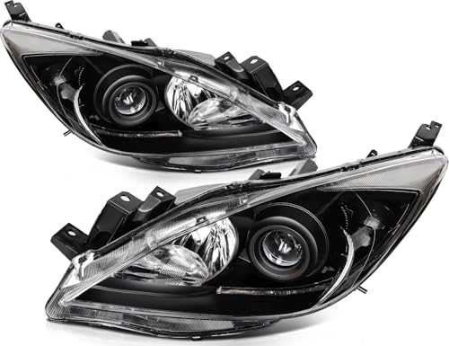 ASTOU Headlight Assembly Pair Compatible with 2010 2011 2012 2013 For Mazda 3 Black Housing Clear Reflector Clear Lens Replacement MA2518130 BBM4510K0K MA2519130 (Bulbs Not Included)