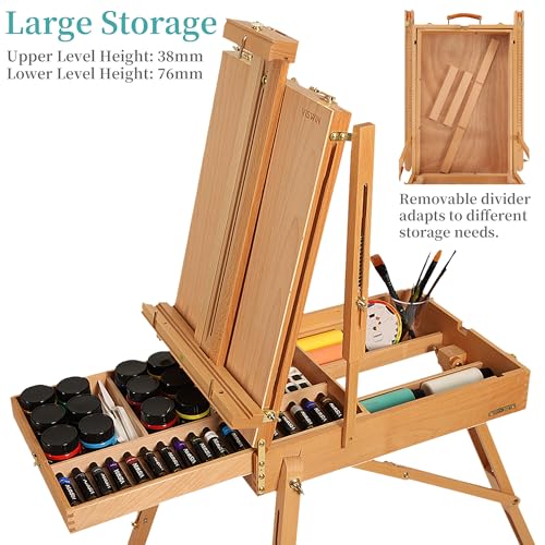 VISWIN French Easel for Painting with Palette, Shoulder Strap & Storage, Adjustable Beech Wood Travel Art Easel Stand, Portable Sketchebox Plein-Air Easel for Adults, Artists, Table Top & Floor Use