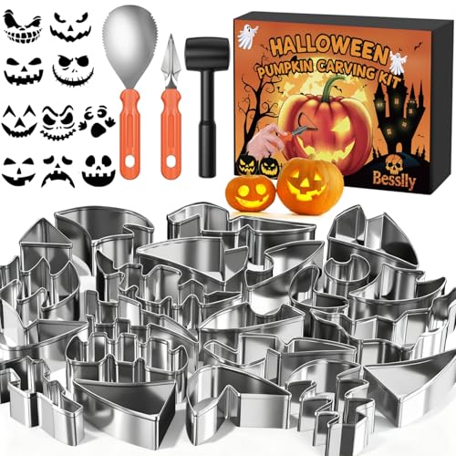 33PCS Halloween Pumpkin Carving Kit, 20 PCS Stainless Steel Professional Pumpkin Carving Stencils, 3 Durable Pumpkins Carving Tools, 10 Stickers for Kids Adults Halloween Decorations Safe Easy Fun