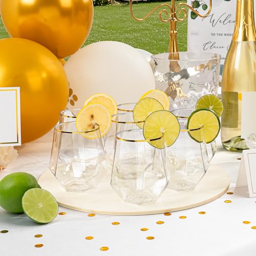 Image of Goodluck 40PCS 12oz Diamond Stemless Plastic Wine Whiskey Glasses,Gold Rim | Disposable Cocktail Glasses, Suitable for Weddings, Birthday Parties, Family Gatherings, Bars, etc