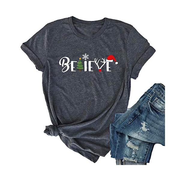 Christmas Believe Tree Shirt Cute Short Sleeve Christmas Graphic Tee Shirts Tops for Women Christmas Shirts Gray