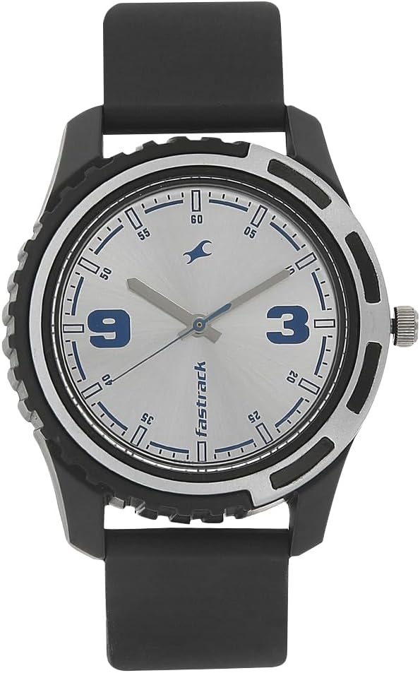 Bare Basics Quartz Analog Silver Dial Black Plastic Strap Watch for Guys - NS3114PP02