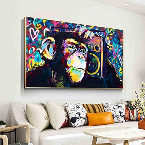 Peinture animale singe musique moderne grande toile murale salon chambre 40x70cm