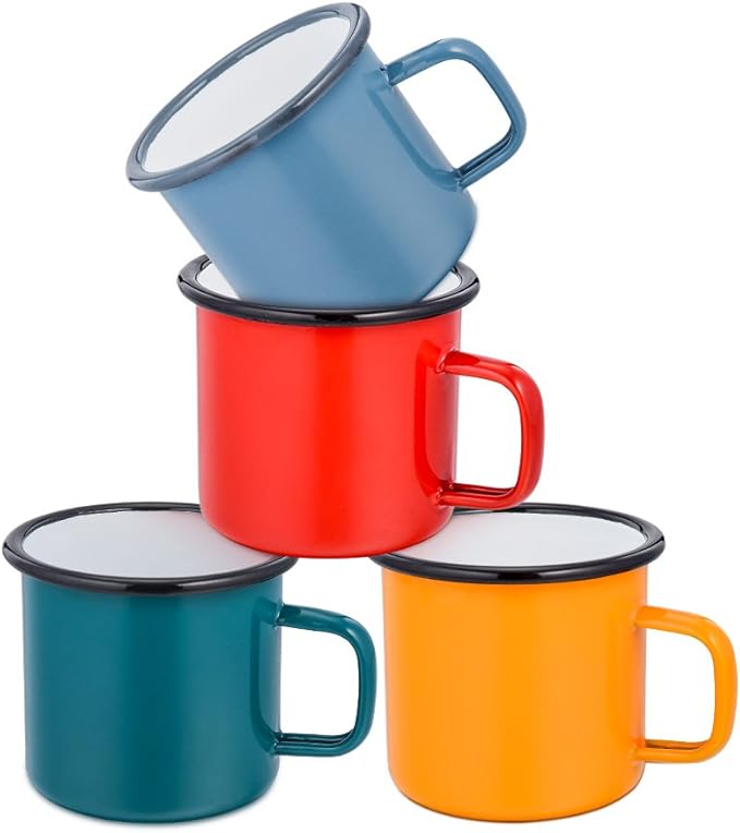 HaWare Enamel Coffee Tea Mug Set of 4 Red/Yellow/Blue/Green Enamel