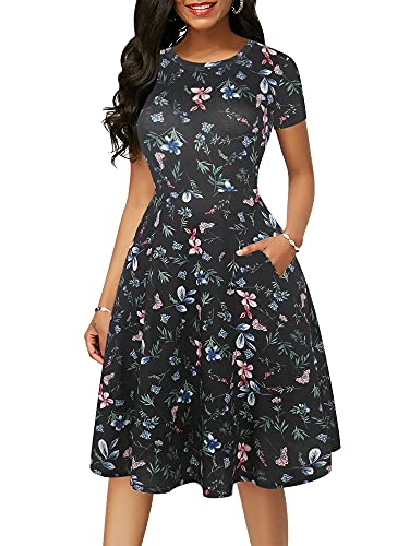 Image of oxiuly Women Casual Dress Round Neck Soft Cotton Floral A-Line Midi Summer Dresses with Pockets OX262