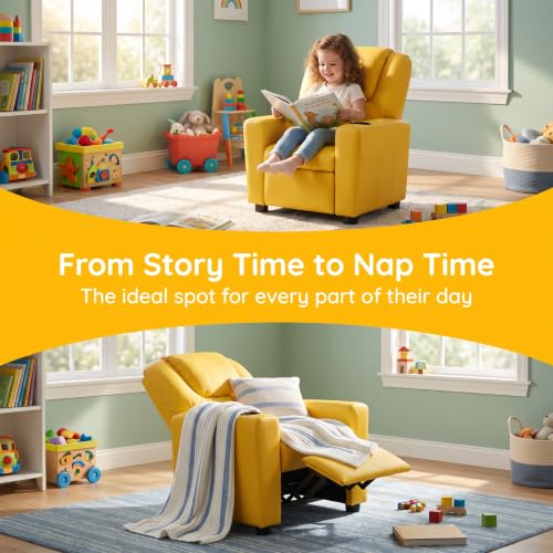 Image of 23 inch W PU Leather Recliner Chair with Cup Holder and Recline, Yellow | Mini Recliner Chair Comfort with Adjustable Footrest & Backrest, Youth Boys Girls Recliner for Reading, Gaming, TV, Lounging
