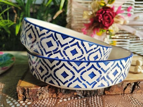 Image of Niyara Stoneware Handmade Ceramic Stylish Premium Serving Bowls /Salad Tray Microwave Dishwasher Safe (Blue Design Salad Bowl Set of 3)