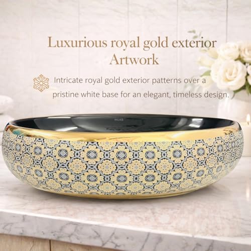 Image of Wallace Premium Countertop Wash Basin 60x40x15 cm | Oval Ceramic Table Top Sink | Black Interior with Royal Gold Ornate Pattern | Luxury Designer Vanity Wash Bowl for Modern Bathrooms