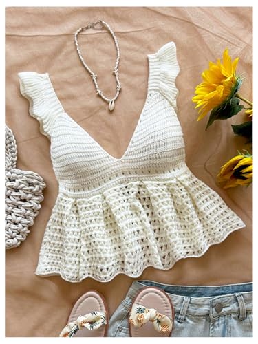 SOLY HUX Women's Bow Tie Backless Peplum Cute Sweater Deep V Neck Sleeveless Crochet Crop Tops2