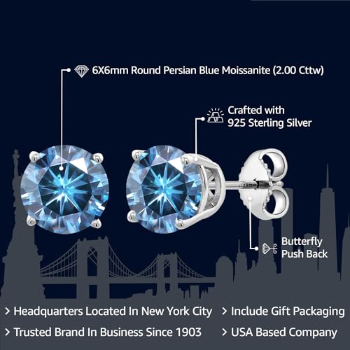 Gem Stone King 925 Sterling Silver Persian Blue Round Moissanite Stud Earrings For Women Men (2.00 Cttw, Round 6.5MM)2