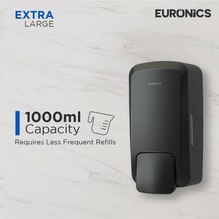 Image of Euronics Black Manual Soap Dispenser 1000Ml | Wall Mounted Liquid Soap & Dispenser | ABS Commercial Soap Dispenser with Visible Refill Window for Office, Hotel, Hospital & Washroom | ES43B