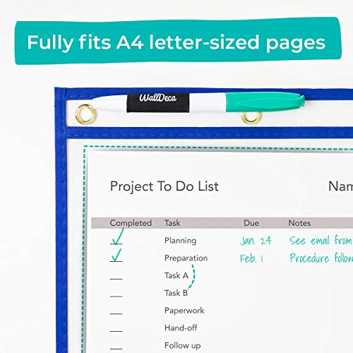 Walldeca Dry Erase Pocket Sleeves Assorted Colors, 8.5" X 11", Plastic Paper Holder Pack, Reusable Dry Erase Sleeves, Paper Pocket Folders Plastic, 5 Colors (10-Pack) #TOP3