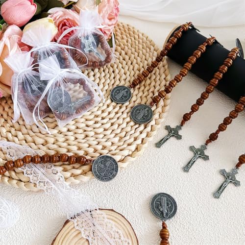 Image of Bovemee Saint Benedict Medal Prayer Pocket Rosary Catholic Brown Wood Beads with Medalla de san benitol and Crucifix, 9 Inch