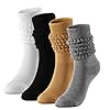 AriaCustom Womens Slouch Crew Socks, Thigh High Boot Socks, Retro 80s Style Retro Cozy Scrunch Design Slouchy Socks 4 Pairs (Black+White+Grey+Khaki)