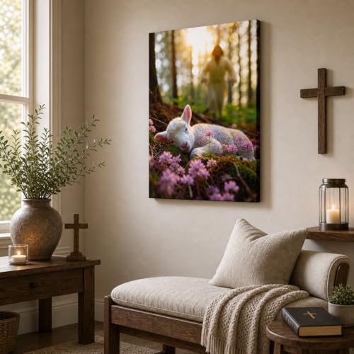 Image of Jesus and Lamb Canvas Wall Art Jesus Runs for the Lost Sheep In Spring Forest Picture Wall Art Canvas Print Christian Home Decor 24x30 inch