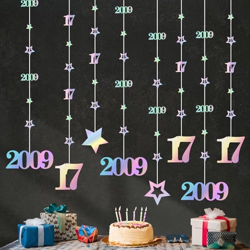Image of Eucutur Iridescent 17th Birthday Decorations for Girls Boys, Pre-Strung Glitter Twinkle Number Vintage 2009 17 Years Old Hanging Streamer Banner Party Supplies, Seventeen Bhday Decor