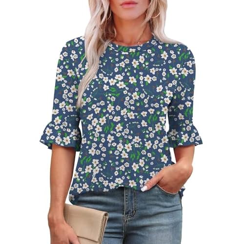Rapbin Womens 3/4 Length Sleeve Tops Loose Fit Casual Crew Neck Shirts Ruffle Tunic Blouses Dark Blue Flower XX-Large