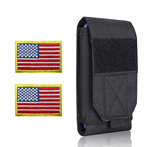 Image of Black Tactical Molle Cellphone Pouch Case,Heavy Duty Waterproof Phone Holster Bag for iPhone 11 12 13 Pro Max for Samsung S22 S21 S20 FE Note 20 A02S Less 6.7 inch Phone with 2 Pack US Flag Patch