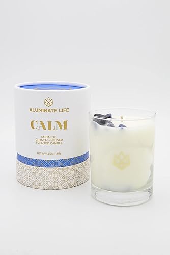 Miniatura 2 de Vela en tarro de cristal de lujo, 14.5 onzas, Calm  Sodalite Healing Crystal infundido  aromas de manzanilla, howood y salvia  Destress, Insight,